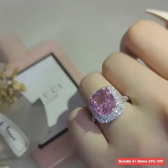 18K Gold Plated Princess Cut Pink Crystal Silver Ring Size 6-10 - Picture 2 of 2